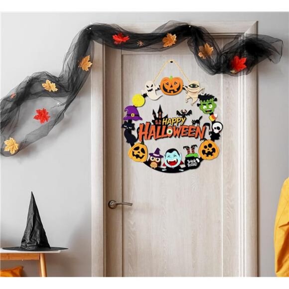 Halloween Decorations Wooden Pumpkin Ghost Door Wreath for Front Door Sign - Picture 4 of 8